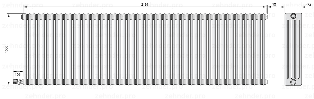 Схема (чертеж) Радиатор Zehnder Charleston 5150/54 №V003 Белый глянцевый RAL 9016